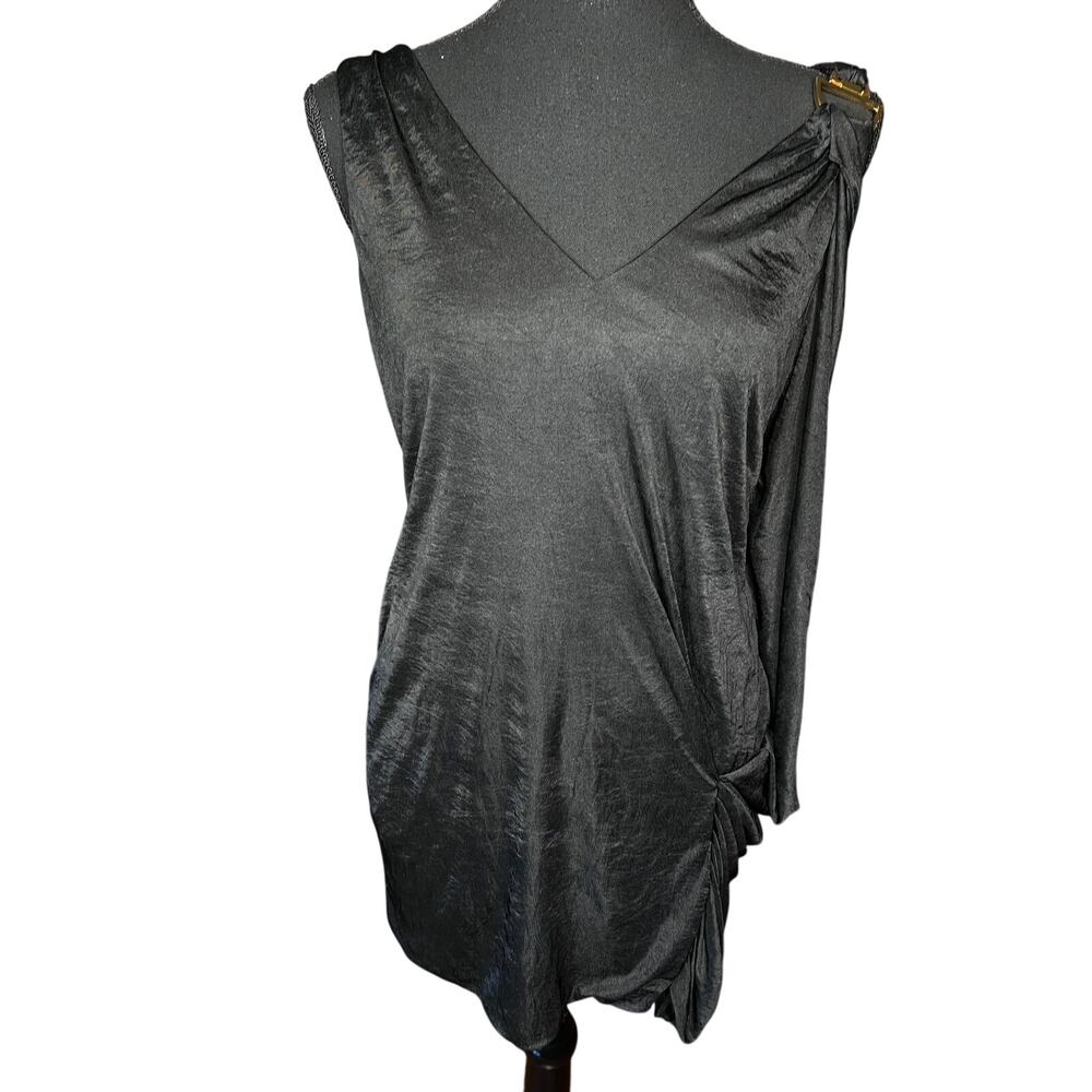 BCBGMAXAZRIA Black Draped Asymmetrical Sleeveless Top Women S Gold Hardware - Picture 3 of 9